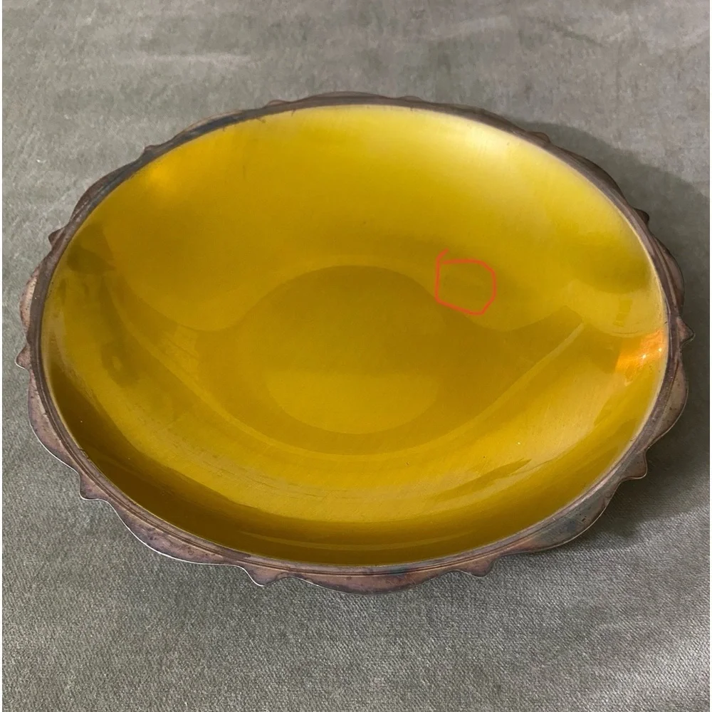 WM A Rogers mid century silver plate yellow enamel pedestal candy dish bowl OSK